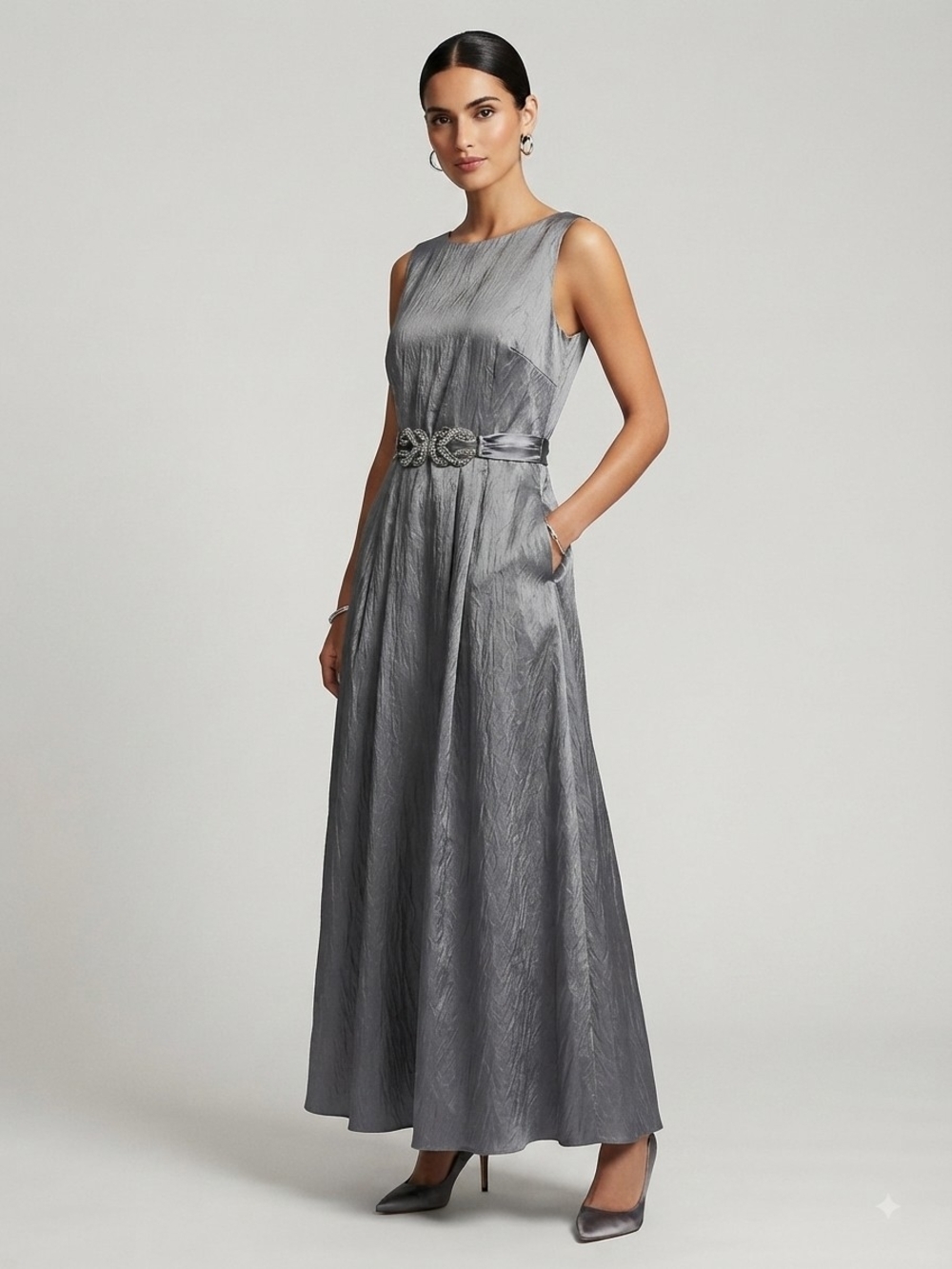 Alex Evenings Metallic Silver Sleeveless Maxi Gown  Embellished Belt Size 16W